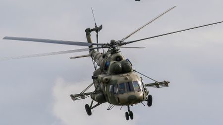 MOSCOW, RUSSIA - 2021/08/24: Russian Air Force Mil Mi-8 and Kamov Ka-52 "Alligator" attack helicopter fly during the annual Army Games defense technology international exhibition. The International Army Games is an annual Russian military sports event organized by the Ministry of Defense of Russia. The event, which was first staged in August 2015, involves close to 30 countries taking part in dozens of competitions over two weeks to prove which is the most skilled. Dynamic demonstration is a part of the Army Games public display. (Photo by Leonid Faerberg/SOPA Images/LightRocket via Getty Images)