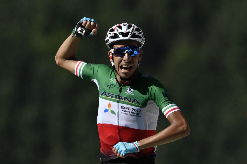 Fabio Aru celebrates victory on stage 5 of the Tour de France.