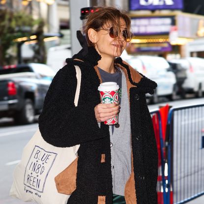 Katie Holmes is seen arriving to her Broadway play 'Our Town' on November 23, 2024 in New York, New York