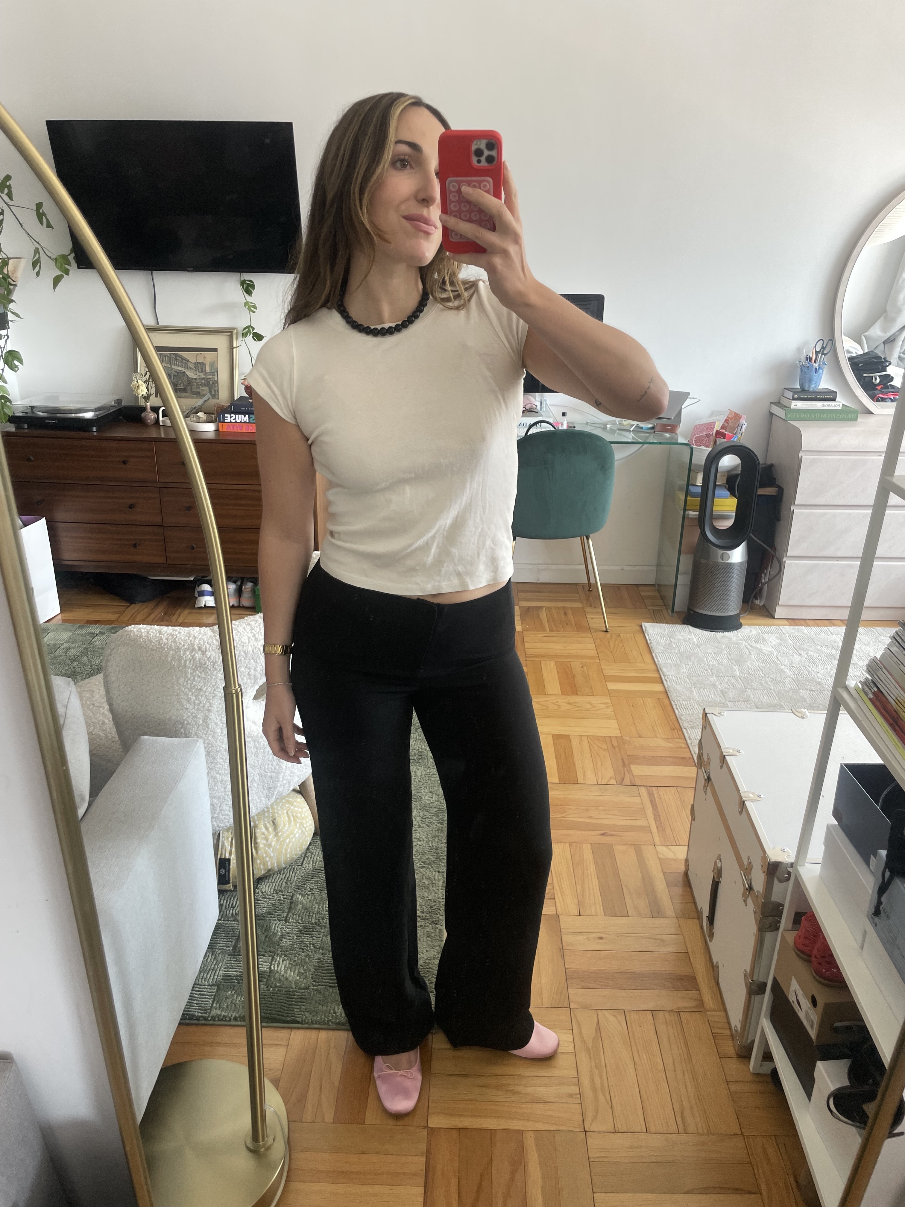 Anna LaPlaca wearing the best affordable alternatives to The Row Gala Pants