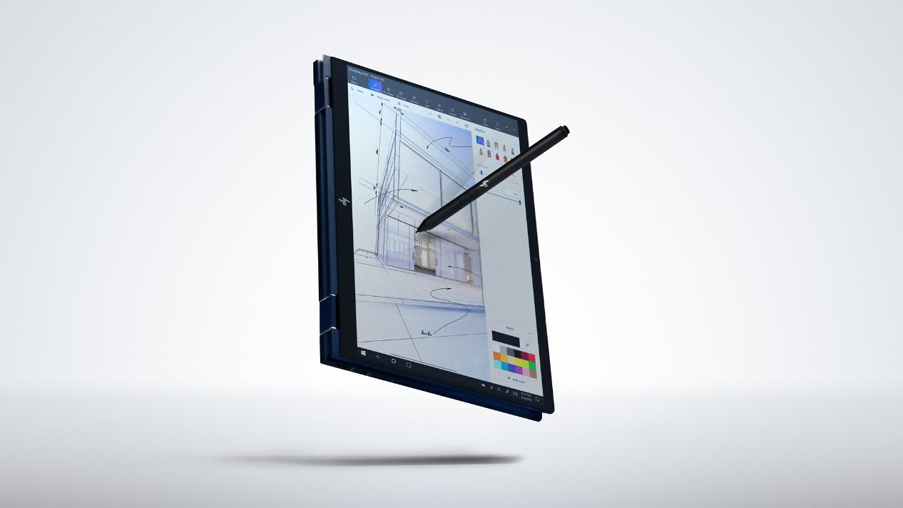 Image of the HP Elite Dragonfly G2 in tablet mode with stylus