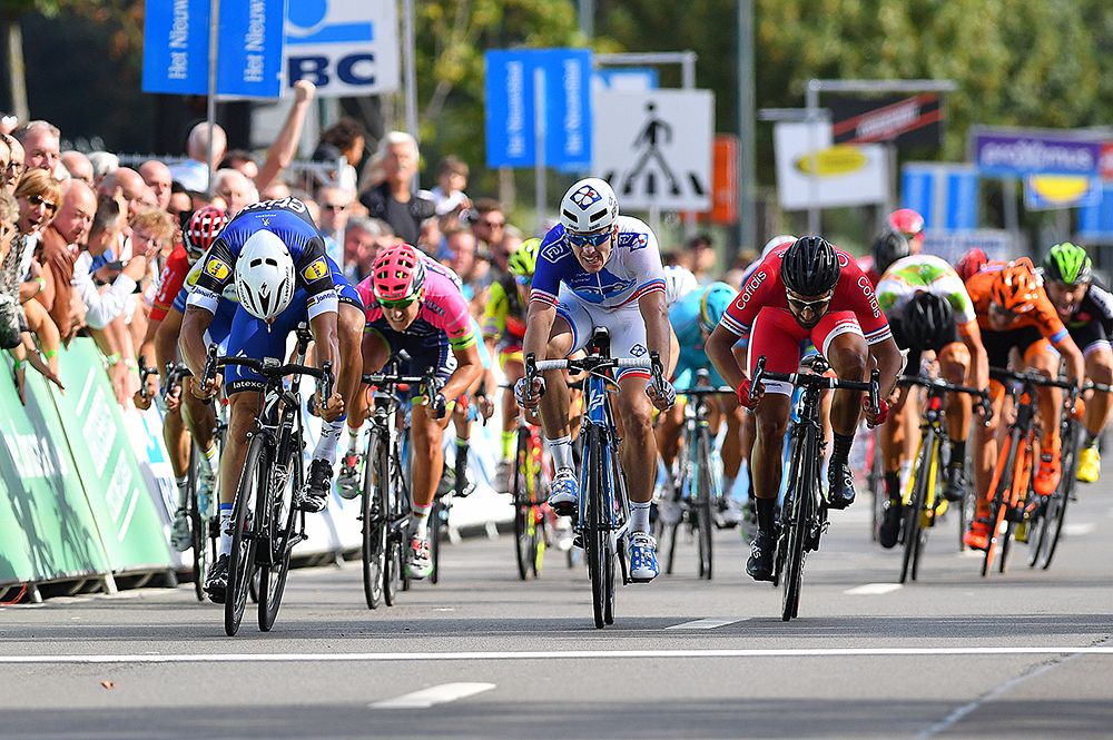 Tom Boonen (Etixx-QuickStep), Arnaud Demare (FDJ) and Nacer Bouhanni (Cofidis) sprint for the line in Brussels