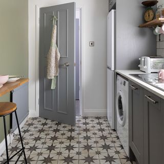 kitchen makeover with grey units and tiled floor