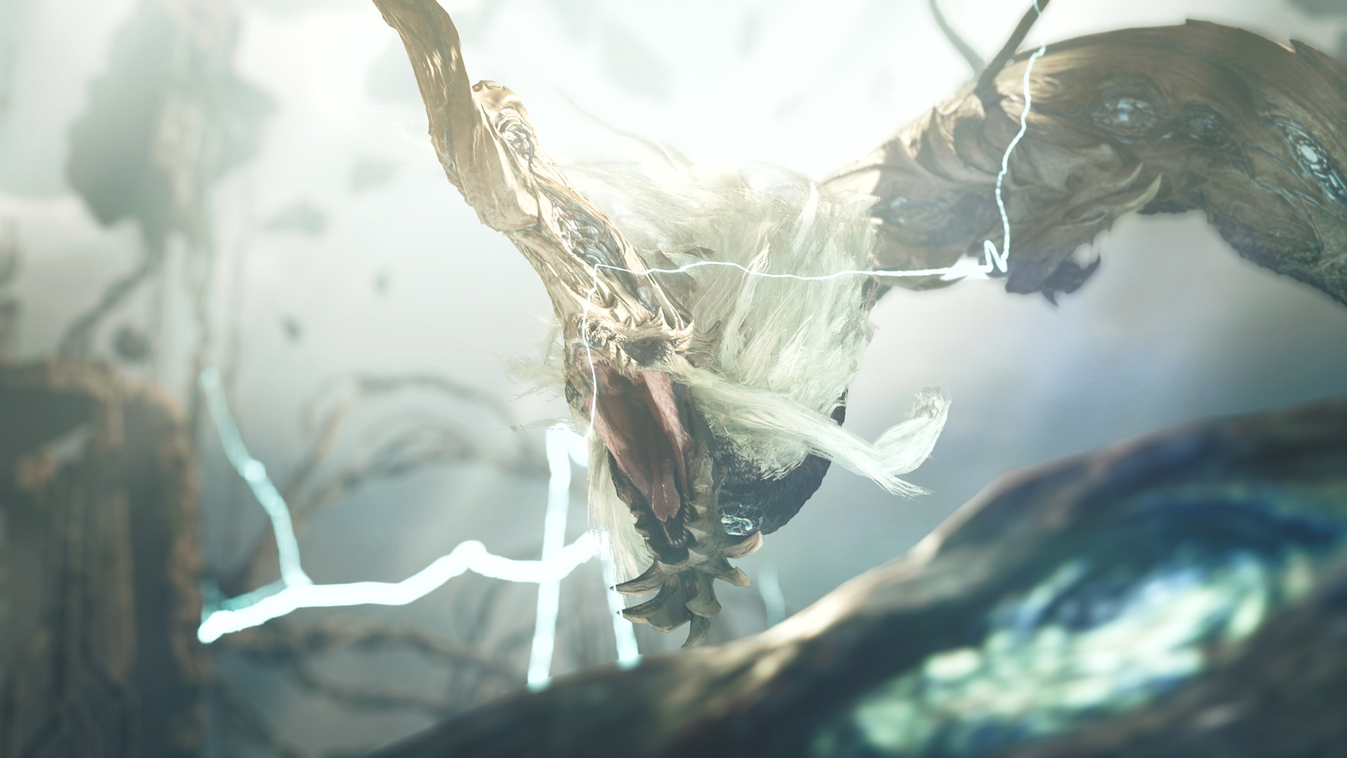 An ancient Chinese-style dragon soars through the sky, roaring wildly as it uses it horn to control lightning bolts and storm clouds.