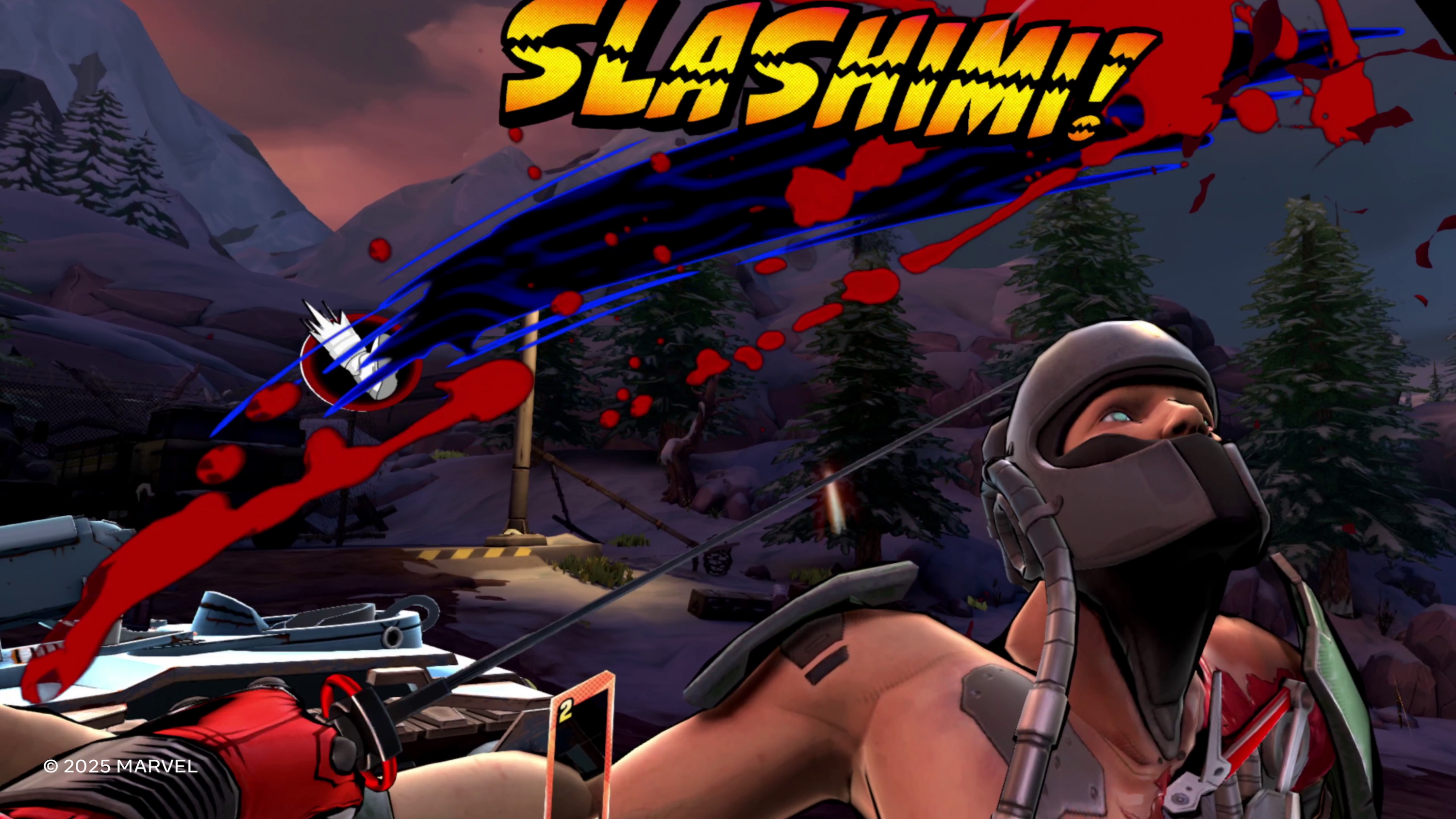 A Deadpool VR screenshot showing a bloody sword attack and comic-book script "SLASHIMI!" above a dying bad guy.