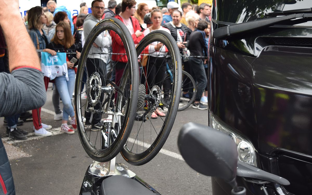 The Team Ineos scooter had spare disc brake wheels and a bidon on the rear rack, although no team riders were racing on discs