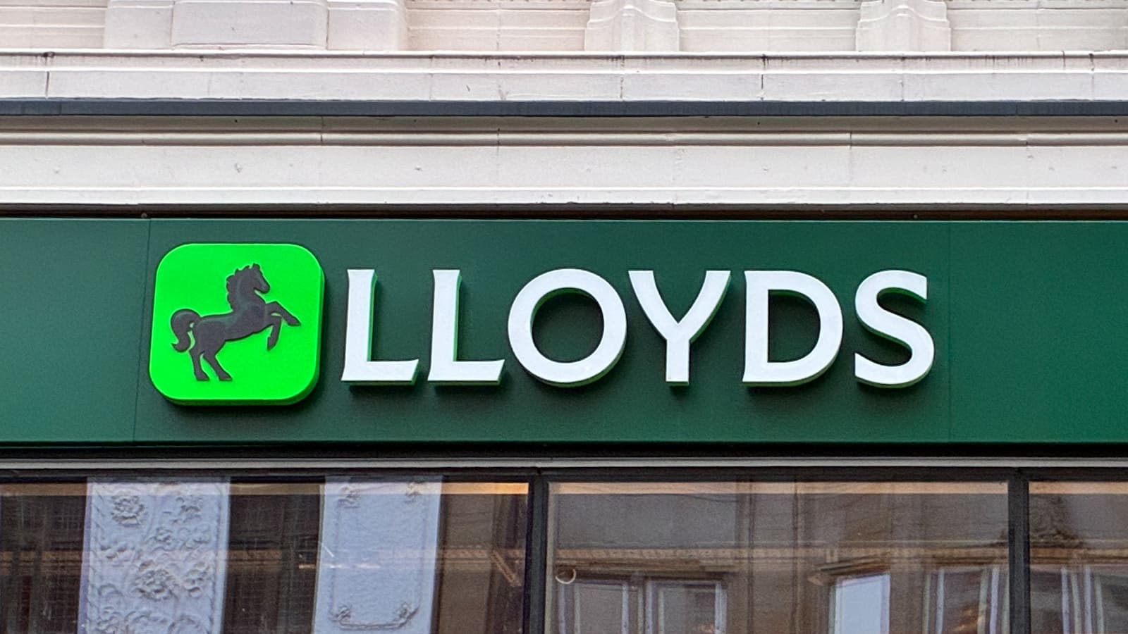 A Lloyds Bank branch features the company's iconic black horse logo in Newcastle, England, United Kingdom, on December 20, 2025