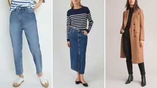 Three models wearing La Redoute jeans, Breton top and camel coat