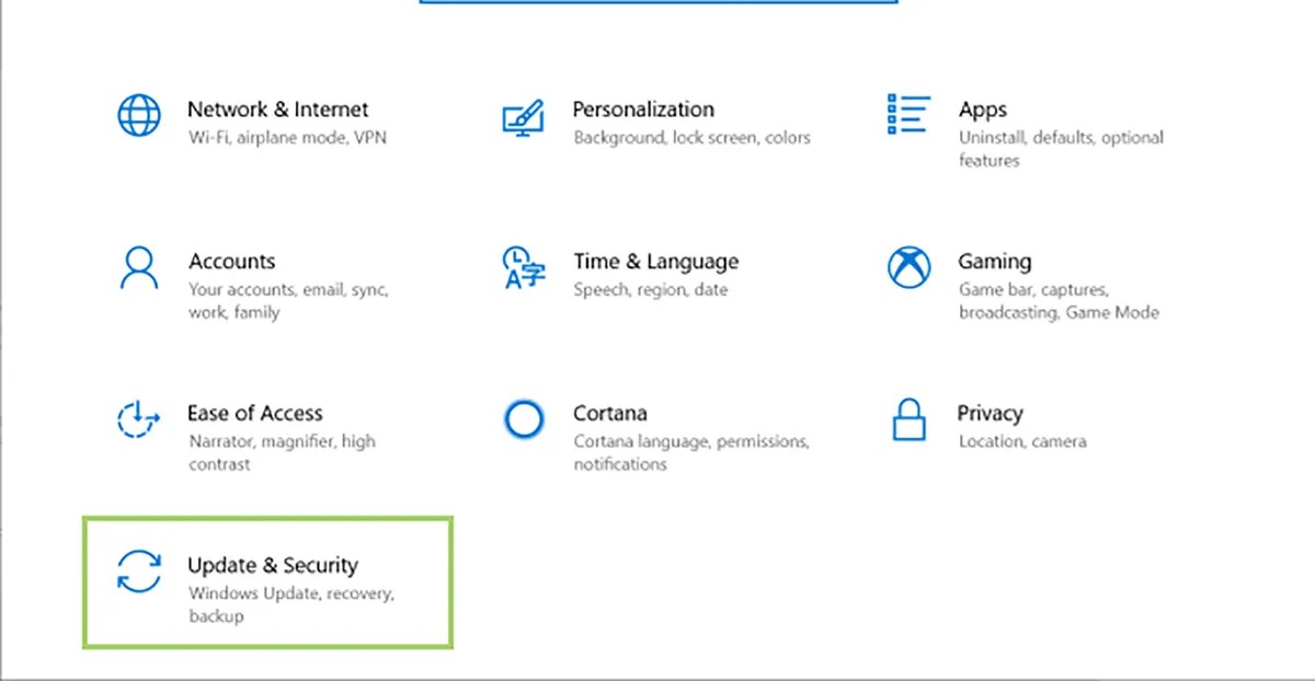 update and security menu option windows 10