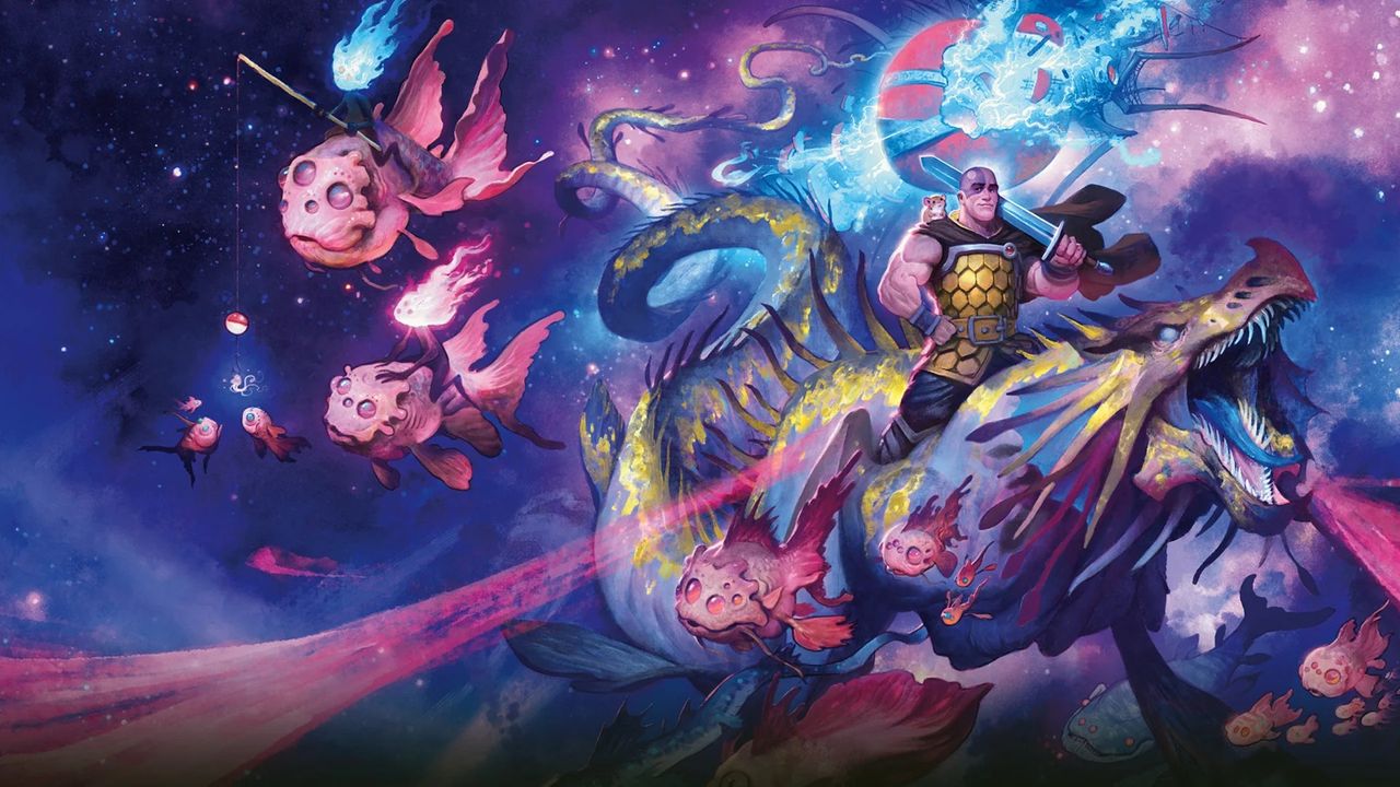 Minsc and Boo ride a dragon through space
