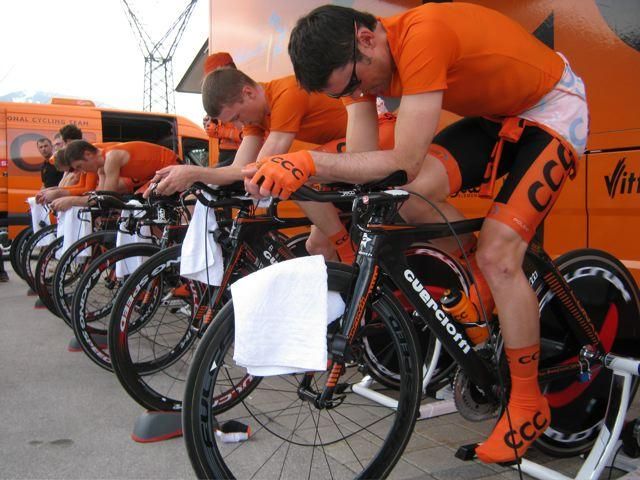 The CCC Polsat riders warm up on their Guerciotti bikes