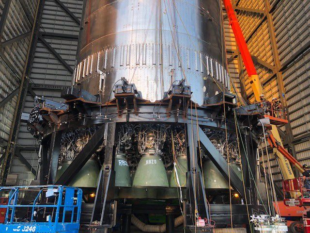 Elon Musk posted this photo of a SpaceX Super Heavy booster prototype, with its newly installed Raptor engines, on Twitter on Aug. 2, 2021. 