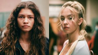 From left to right: A side by side of press images of Zendaya and Sydney Sweeney from Euphoria Season 2. 