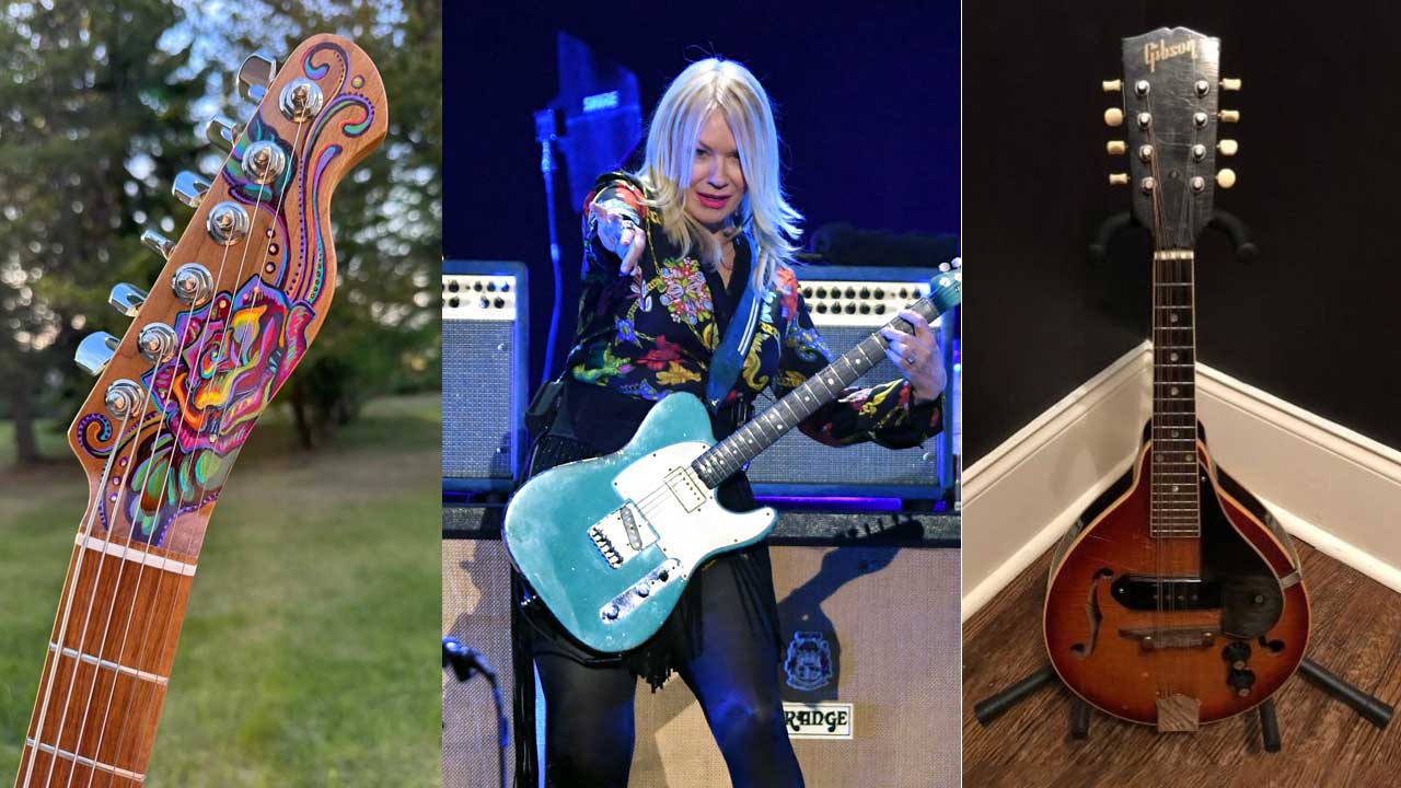 Nancy Wilson onstage, plus the headstock of the missing Telecaster and the missing mandolin