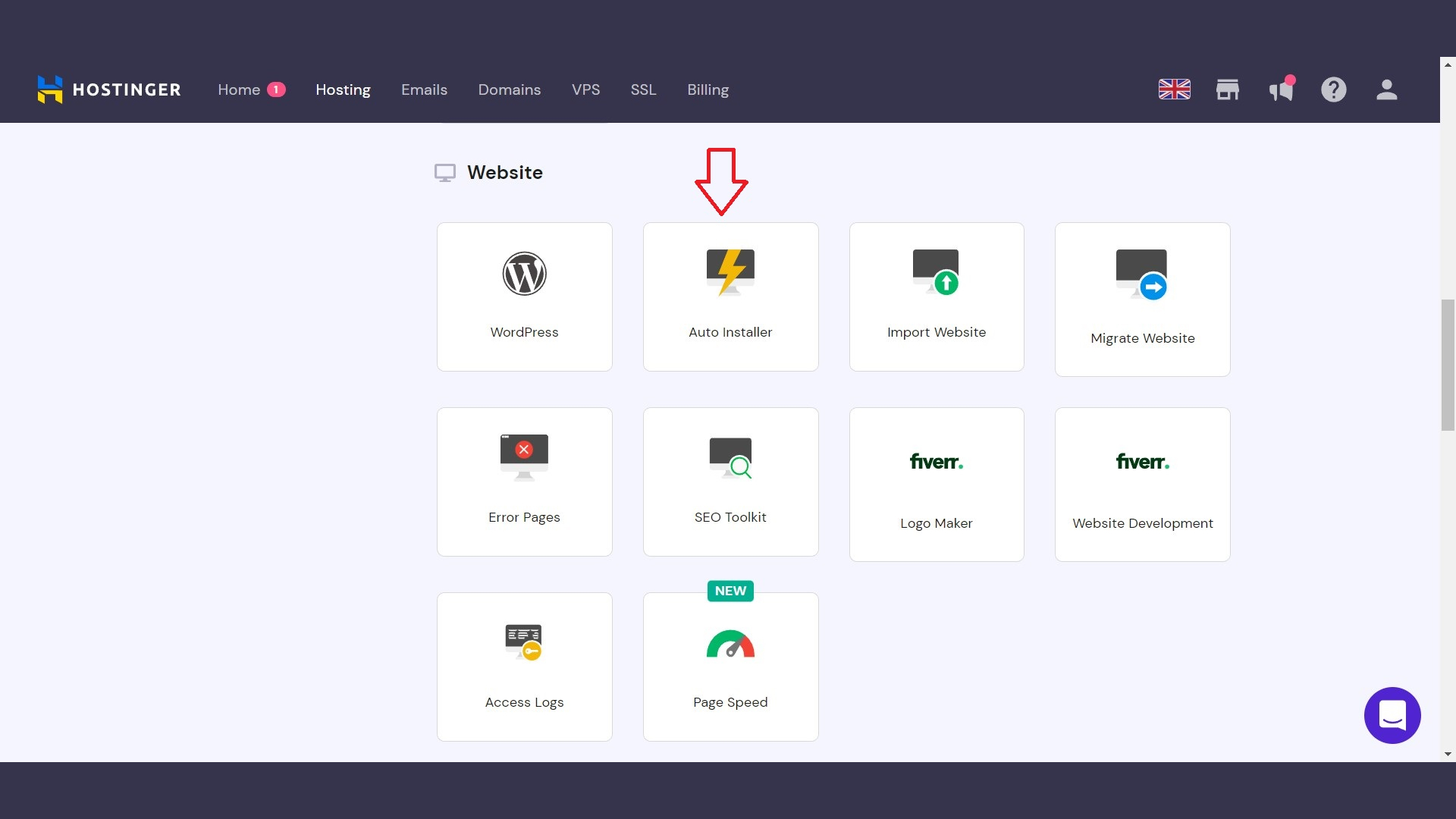 Hostinger Manage menu