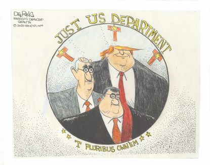 Political Cartoon U.S. Trump William Barr Roger Stone justice department trio