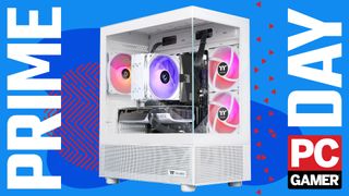 A Thermaltake LCGS NE gaming PC on a custom PC Gamer Prime Day background.