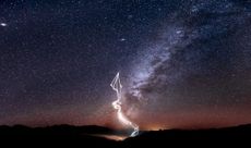 The Red Bull Air Force skydiving team paint the night sky in dazzling "Marfa lights" near Marfa, Texas in these amazing images by photographer Dustin Snipes to celebrate the night sky for the winter solstice 2020. The jump took place in November 2020.