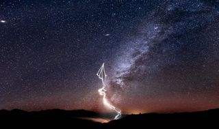 The Red Bull Air Force skydiving team paint the night sky in dazzling "Marfa lights" near Marfa, Texas in these amazing images by photographer Dustin Snipes to celebrate the night sky for the winter solstice 2020. The jump took place in November 2020.