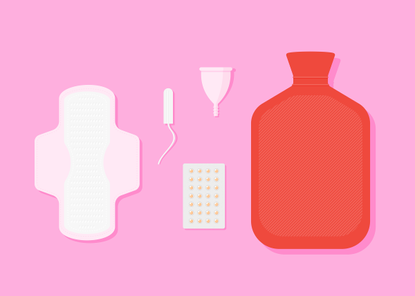 Drawings of period products like a tampon, sanitary towel and moon cup