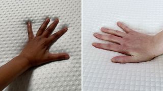 A hand touching the surface of the Emma Original mattress (left) and the Simbatex mattress (right)