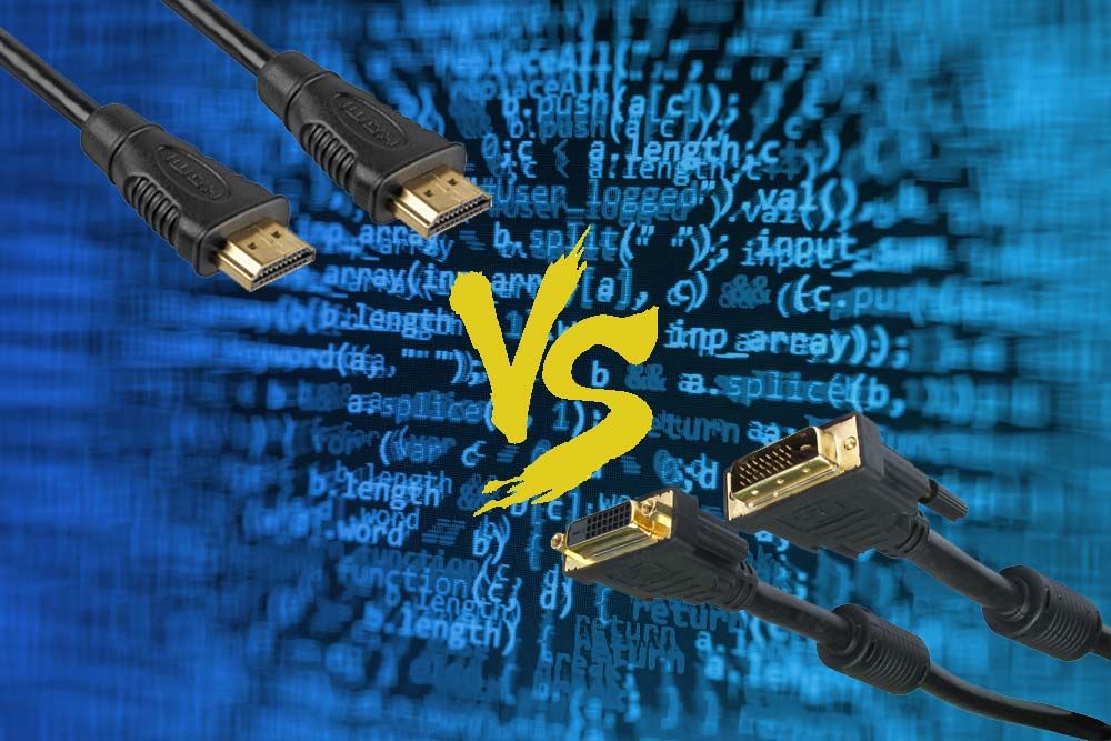 A graphic depicting HDMI vs DVI by showing the two cables flying towards each other with yellow text reading &#039;VS&#039; in the centre of the screen, against a background of motion-blurred blue code,