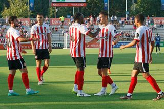 ay Matete of Sunderland opens the scoring and celebrates with team mates during a pre season friendly between North Carolina FC and Sunderland AFC on July 21, 2023 in Raleigh, North Carolina.