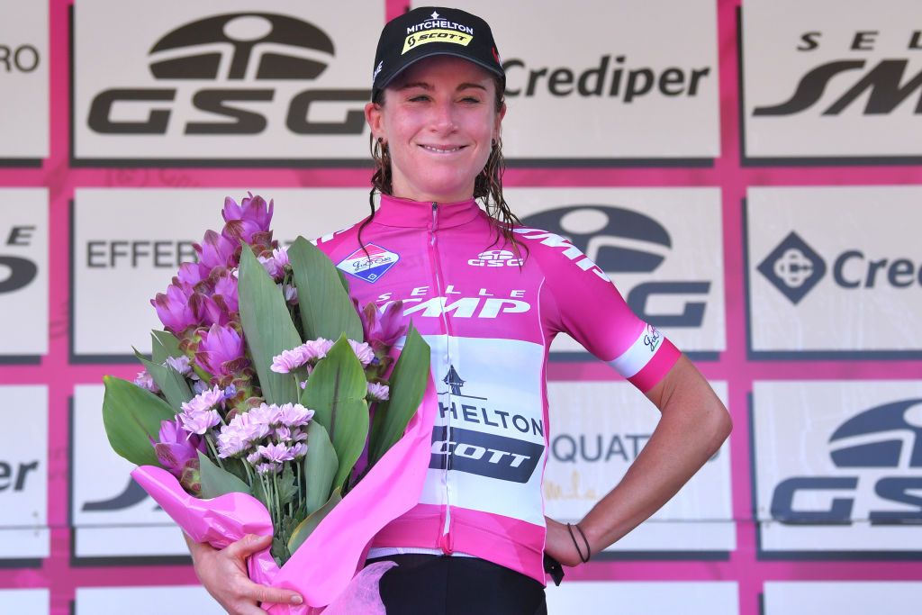 ARCIDOSSO ITALY SEPTEMBER 12 Podium Annemiek Van Vleuten of The Netherlands and Team Mitchelton Scott Pink Leader Jersey Celebration during the 31st Giro dItalia Internazionale Femminile 2020 Stage 2 a 1248km stage from Civitella Paganico to Arcidosso GiroRosaIccrea GiroRosa on September 12 2020 in Arcidosso Italy Photo by Luc ClaessenGetty Images