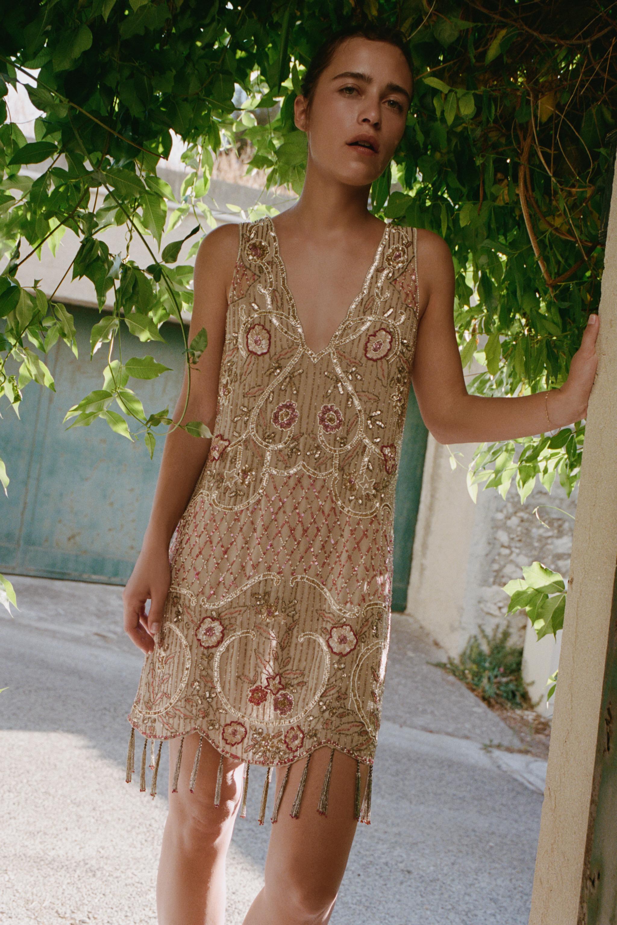 Limited Edition Beaded Sequin Fringe Dress - Gray / Tan - Xs