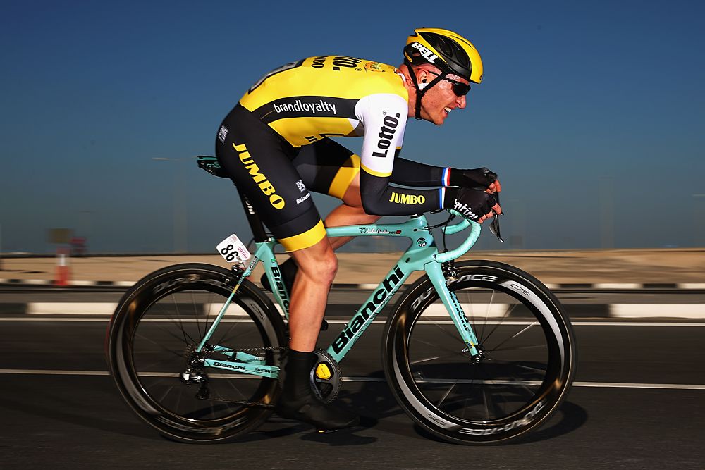 Jos Van Emden (Team LottoNl-Jumbo) sat in the hot seat during the time trial at Tour of Qatar until Edvald Boasson Hagen (Dimension Data) eventually took the victory