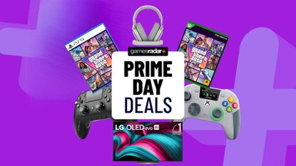 A collection of gaming hardware for GTA 6 built around a GamesRadar+ Prime Day deals stamp
