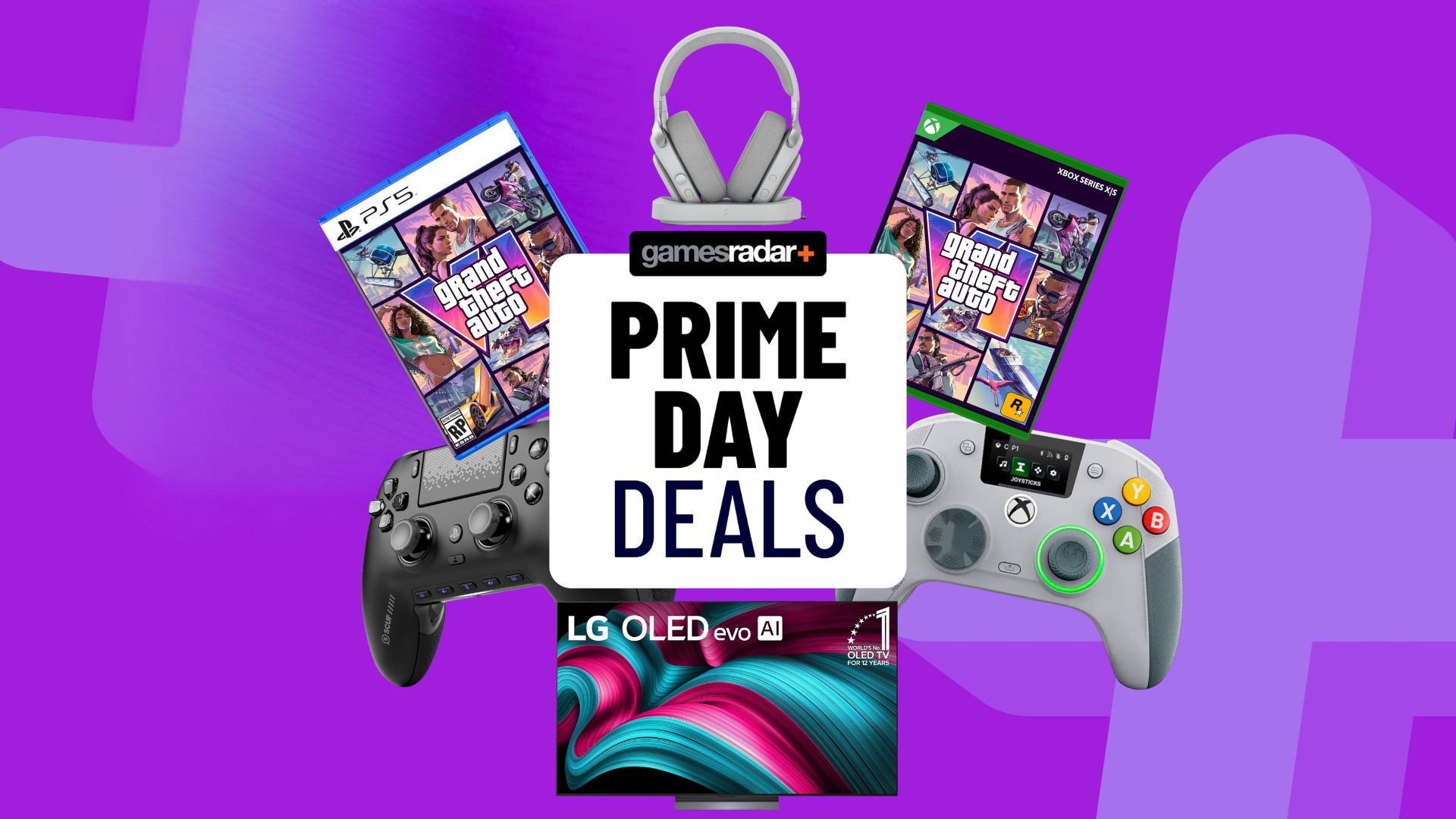 A collection of gaming hardware for GTA 6 built around a GamesRadar+ Prime Day deals stamp