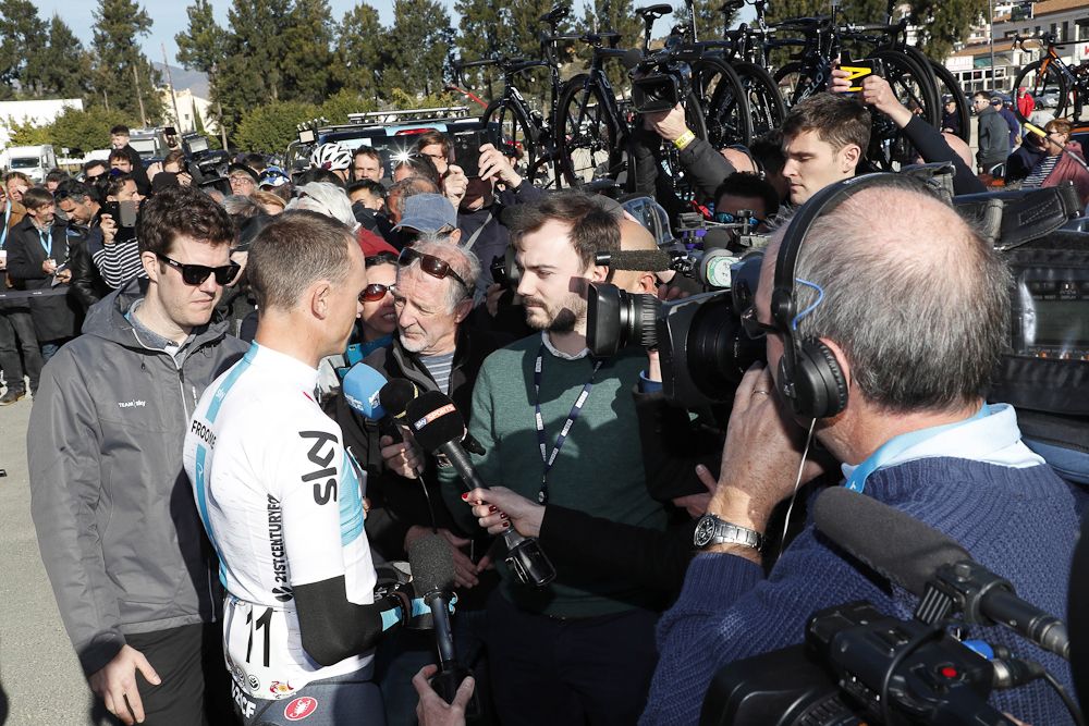 Chris Froome takes questions before the start of stage 1 at Ruta del Sol