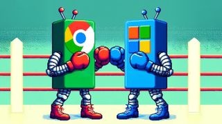 Google and Microsoft personified as robots duking it out in a wrestling match