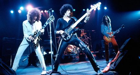 Thin Lizzy live and dangerous in London: L-R: Brian Robertson, Phil Lynott and Scott Gorham 