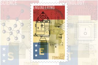 One of four stamps in the USPS's 2018 "STEM Education" set uses an Apollo spacecraft to represent engineering.