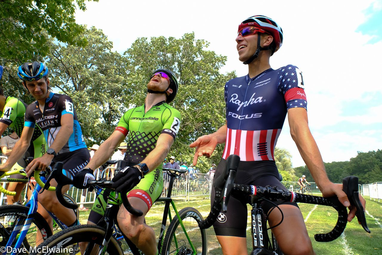 Jeremy Powers (Aspire Racing), Stephen Hyde (Cannondale), and Jamey Driscoll (Raleigh Clement) have a laugh at the starting line.
