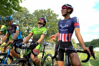 Jeremy Powers (Aspire Racing), Stephen Hyde (Cannondale), and Jamey Driscoll (Raleigh Clement) have a laugh at the starting line.