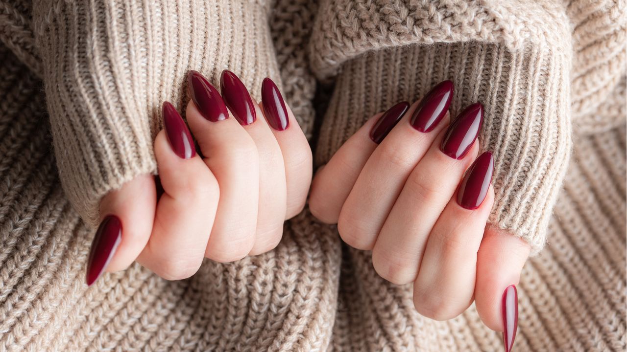 Beautiful hands of a young woman with dark red manicure on nails. Autumn winter nail design concept of beauty treatment.