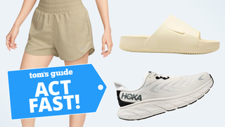 Silo of Nike shorts, Hoka running shoes, and yellow Nike foam sandals