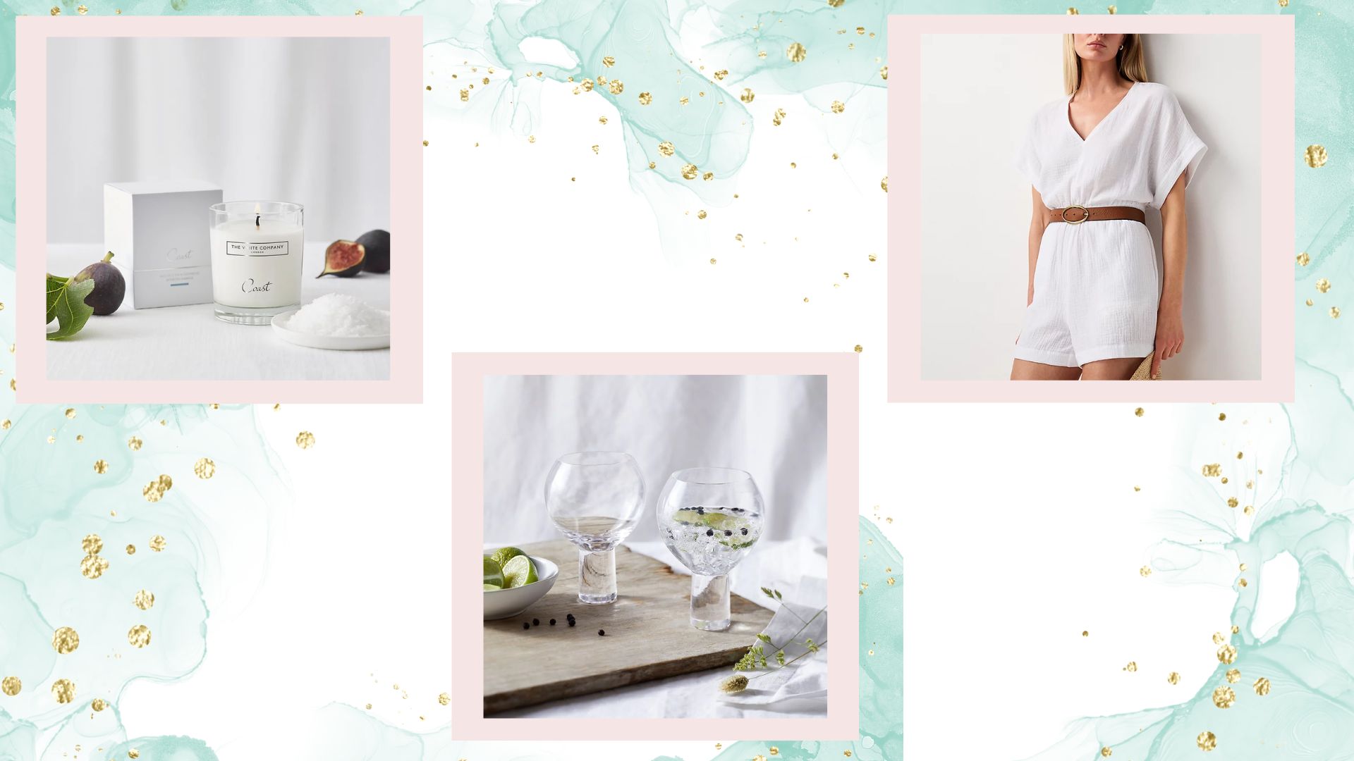 Three of my top picks from The White Company sale: a candle, gin glasses, and a playsuit