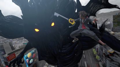 Kingdom Hearts 4 screenshot shows Sora facing off against a huge monster.