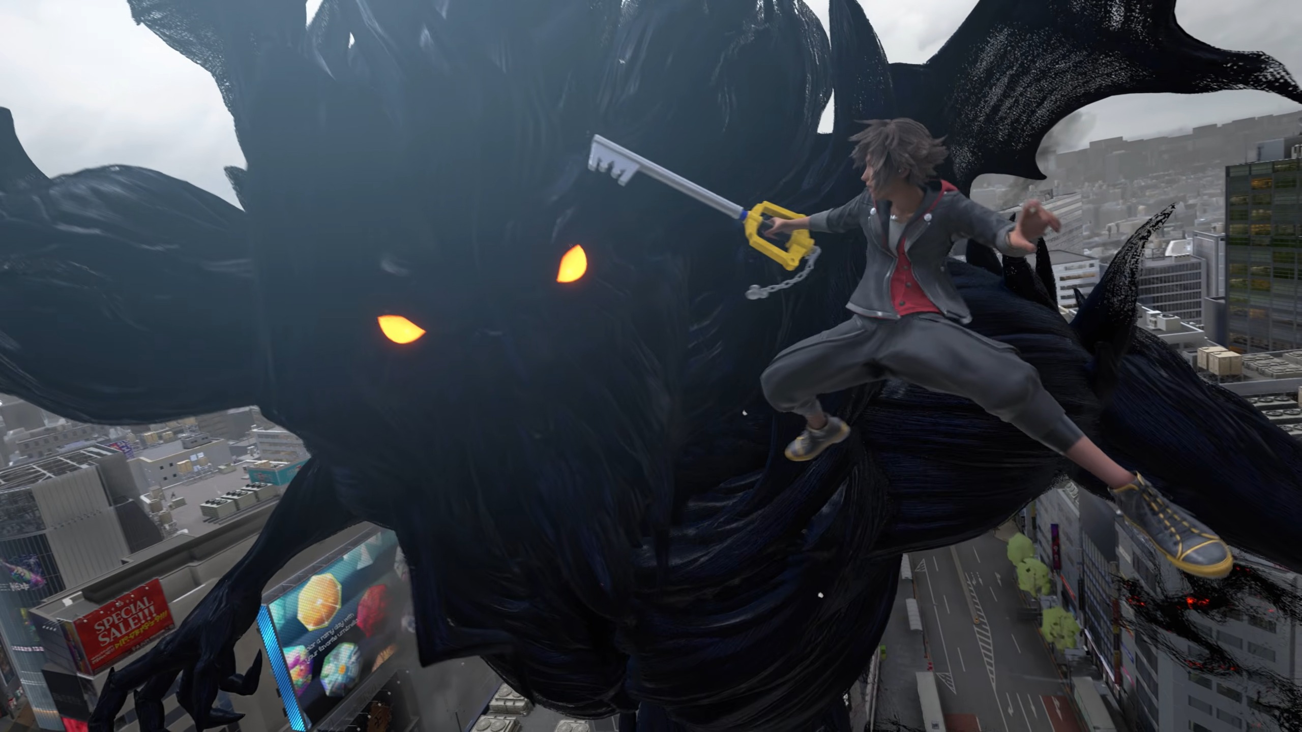 Kingdom Hearts 4 screenshot shows Sora facing off against a huge monster.