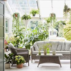 A conservatory with garden furniture and plants