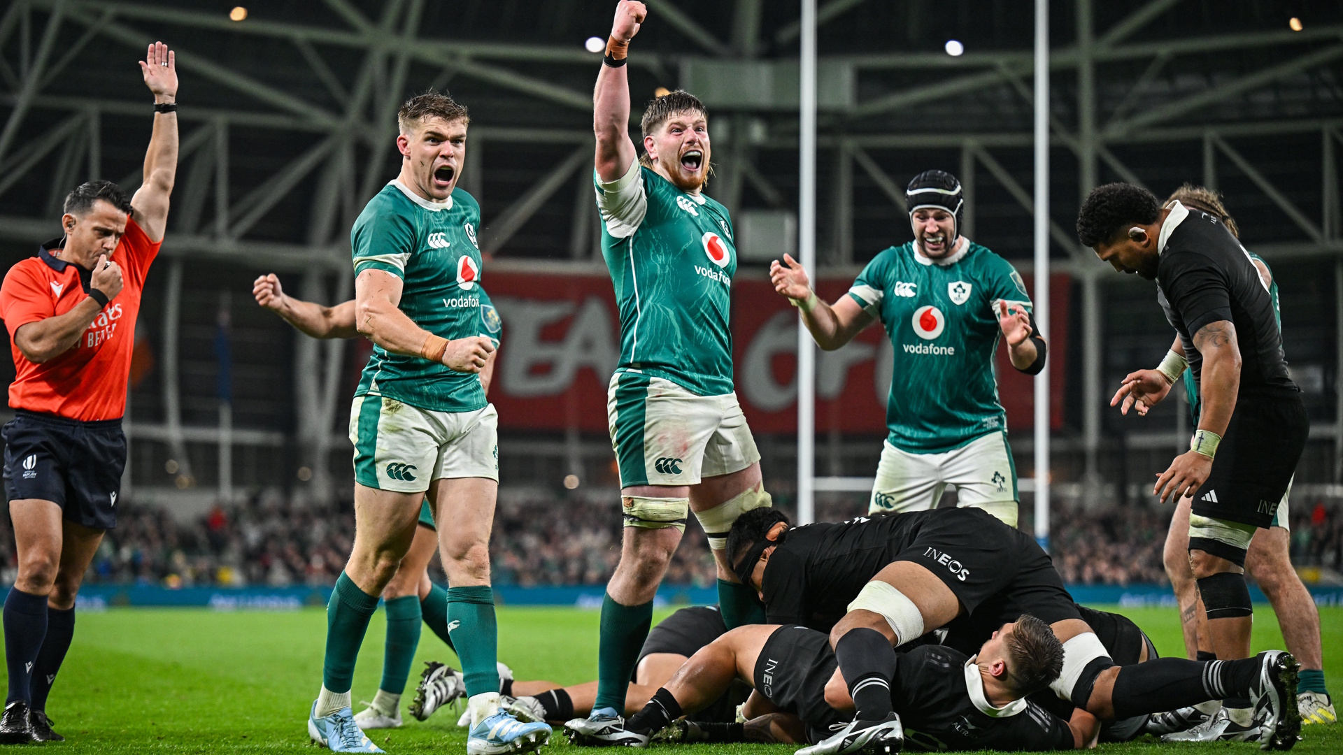 Ireland players celebrate a try against New Zealand during an Autumn Nations series rugby union match.