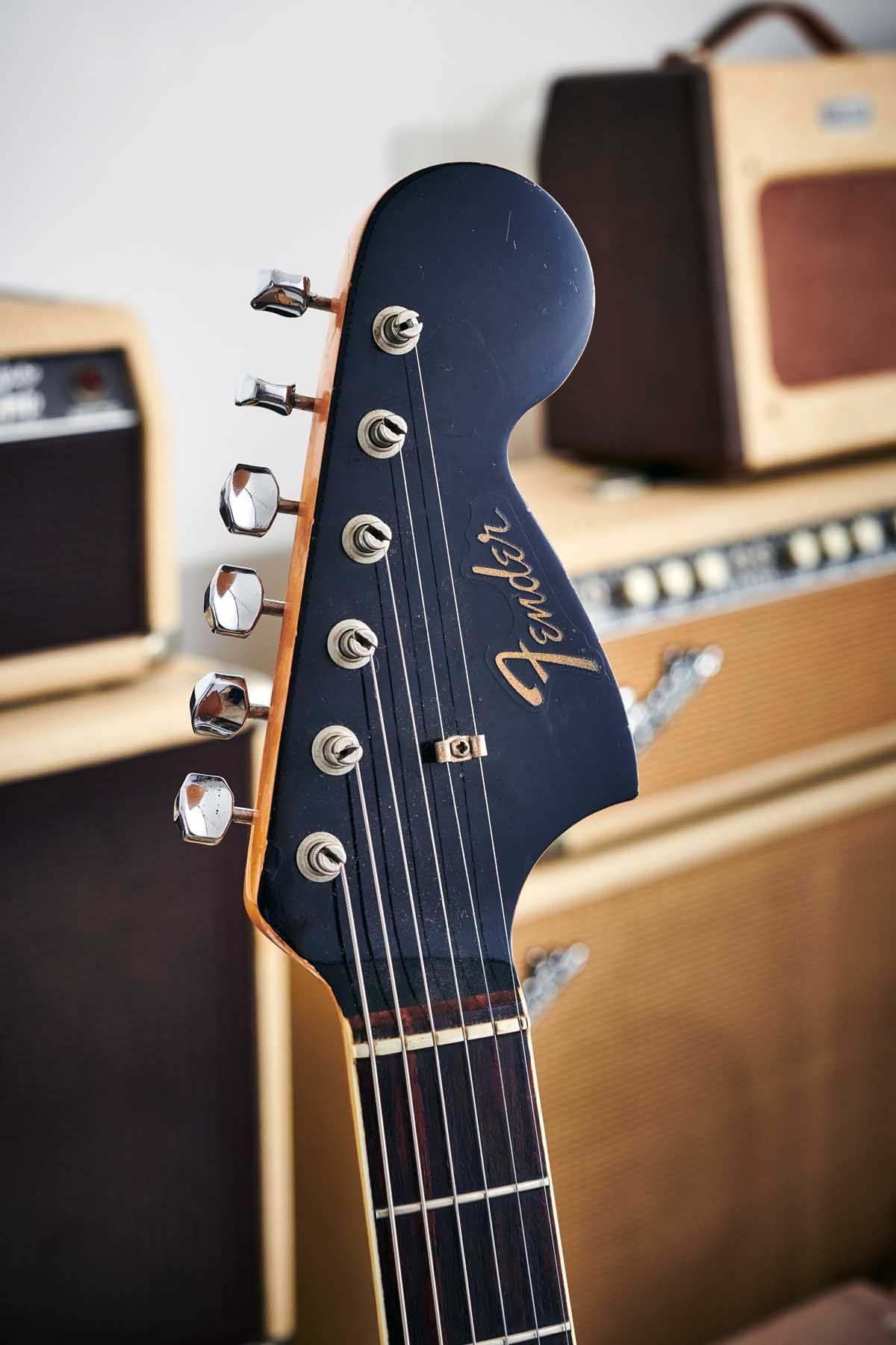 Matching headstocks were a common feature of custom colour Jaguars and Jazzmasters. Note the gold &lsquo;transition&rsquo; logo on this &rsquo;65 model.