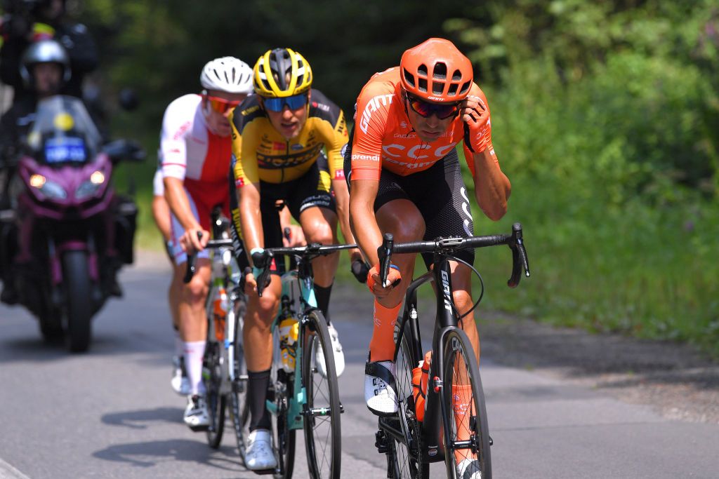 BIELSKOBIALA POLAND AUGUST 07 Kamil Gradek of Poland and CCC Team Taco Van Der Hoorn of The Netherlands and Team Jumbo Visma Breakaway during the 77th Tour of Poland 2020 Stage 3 a 2031km stage from Wadowice to BielskoBiaa 433m TourdePologne tdp20 on August 07 2020 in BielskoBiala Poland Photo by Luc ClaessenGetty Images