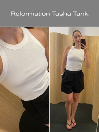 Editor trying on the best white tank tops.