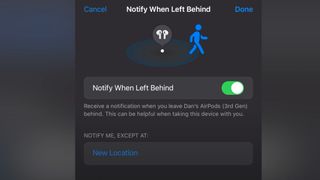 Apple Find My 'Notify when left behind' toggle
