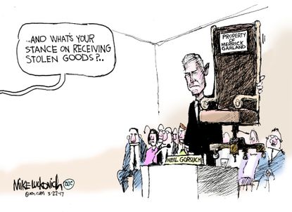 Political Cartoon U.S. Neil Gorsuch Merrick Garland Supreme Court stolen seat